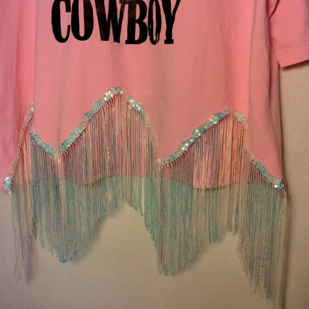 Cowboy T Shirt Large Pink Cropped Silver Fringe Western Cowgirl Crop Top - Picture 9 of 15